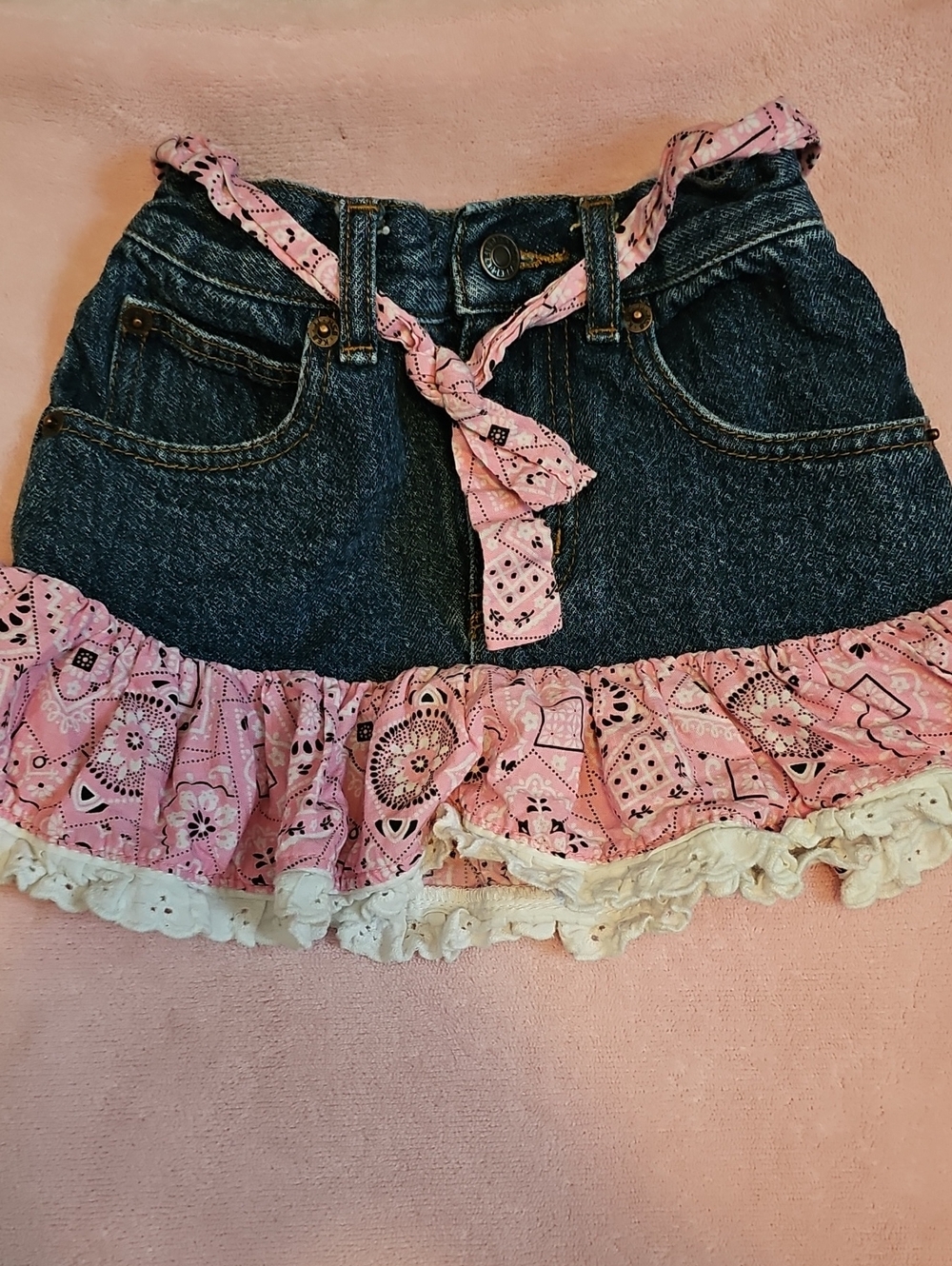 Denim Skirt with Pink Bandana Ruffle and Cream Lace- 3T